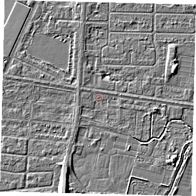 Shaded relief map of the ground around HU95HF, computed from Environment Agency LiDAR. The ground here sits at about 2 m above sea level and falls 8 m across the surrounding 800 m. Surface water reaching this point runs off ground lying to the west-north-west, 1.0 m higher.