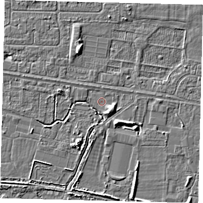 Shaded relief map of the ground around HU95HH, computed from Environment Agency LiDAR. The ground here sits at about 2 m above sea level and falls 5 m across the surrounding 800 m. Surface water reaching this point runs off ground lying to the south-east, 4.8 m higher.
