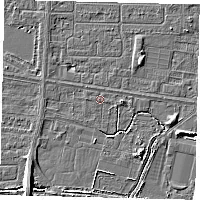 Shaded relief map of the ground around HU95HJ, computed from Environment Agency LiDAR. The ground here sits at about 2 m above sea level and falls 8 m across the surrounding 800 m. Surface water reaching this point runs off ground lying to the south-west, 8.4 m higher.