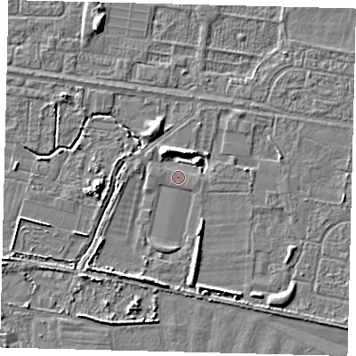 Shaded relief map of the ground around HU95HL, computed from Environment Agency LiDAR. The ground here sits at about 2 m above sea level and falls 5 m across the surrounding 800 m. Surface water reaching this point runs off ground lying to the south, 2.6 m higher.