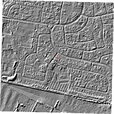 Shaded relief map of the ground around HU95HT, computed from Environment Agency LiDAR. The ground here sits at about 2 m above sea level and falls 5 m across the surrounding 800 m. Surface water reaching this point runs off ground lying to the south-east, 1.3 m higher.