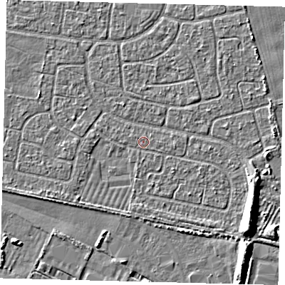 Shaded relief map of the ground around HU95HU, computed from Environment Agency LiDAR. The ground here sits at about 2 m above sea level and falls 6 m across the surrounding 800 m. Surface water reaching this point runs off ground lying to the south, 1.0 m higher.
