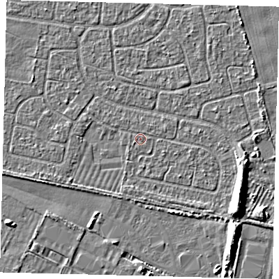 Shaded relief map of the ground around HU95HX, computed from Environment Agency LiDAR. The ground here sits at about 2 m above sea level and falls 6 m across the surrounding 800 m. Surface water reaching this point runs off ground lying to the south, 1.0 m higher.