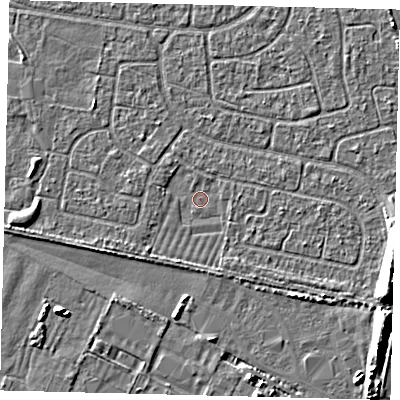 Shaded relief map of the ground around HU95HY, computed from Environment Agency LiDAR. The ground here sits at about 2 m above sea level and falls 6 m across the surrounding 800 m. Surface water reaching this point runs off ground lying to the south-south-east, 1.0 m higher.