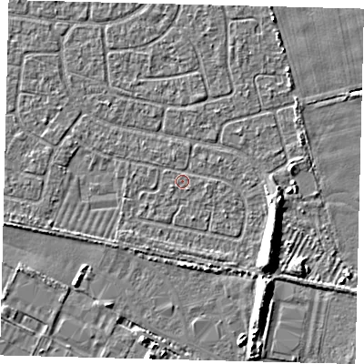 Shaded relief map of the ground around HU95HZ, computed from Environment Agency LiDAR. The ground here sits at about 2 m above sea level and falls 6 m across the surrounding 800 m. Surface water reaching this point runs off ground lying to the south-west, 1.0 m higher.