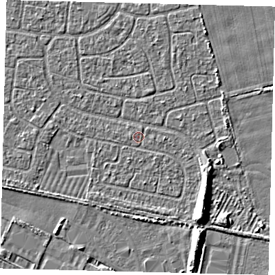 Shaded relief map of the ground around HU95JA, computed from Environment Agency LiDAR. The ground here sits at about 2 m above sea level and falls 6 m across the surrounding 800 m. Surface water reaching this point runs off ground lying to the south-east, 5.9 m higher.