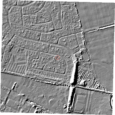 Shaded relief map of the ground around HU95JB, computed from Environment Agency LiDAR. The ground here sits at about 2 m above sea level and falls 6 m across the surrounding 800 m. Surface water reaching this point runs off ground lying to the south-south-east, 5.8 m higher.