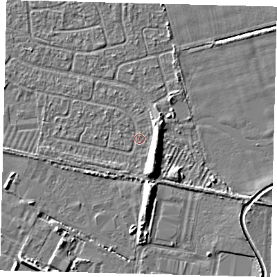 Shaded relief map of the ground around HU95JD, computed from Environment Agency LiDAR. The ground here sits at about 2 m above sea level and falls 6 m across the surrounding 800 m. Surface water reaching this point runs off ground lying to the south-south-east, 5.8 m higher.