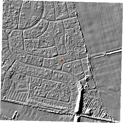 Shaded relief map of the ground around HU95JE, computed from Environment Agency LiDAR. The ground here sits at about 2 m above sea level and falls 6 m across the surrounding 800 m. Surface water reaching this point runs off ground lying to the south-east, 1.5 m higher.