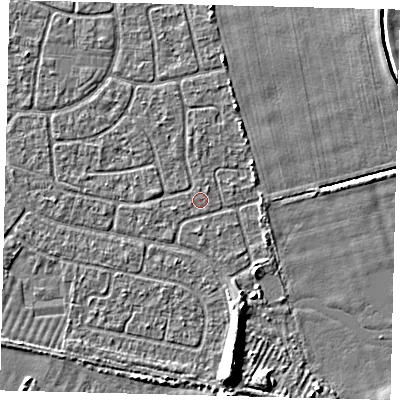 Shaded relief map of the ground around HU95JG, computed from Environment Agency LiDAR. The ground here sits at about 2 m above sea level and falls 6 m across the surrounding 800 m. The ground contributing surface water to this point lies to the west-south-west.