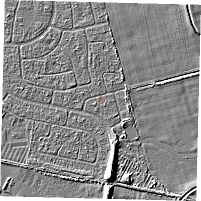 Shaded relief map of the ground around HU95JH, computed from Environment Agency LiDAR. The ground here sits at about 2 m above sea level and falls 6 m across the surrounding 800 m. Surface water reaching this point runs off ground lying to the south-east, 1.5 m higher.