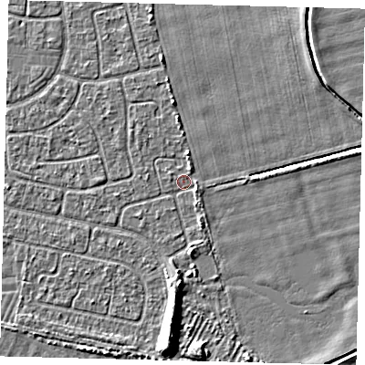 Shaded relief map of the ground around HU95JJ, computed from Environment Agency LiDAR. The ground here sits at about 2 m above sea level and falls 6 m across the surrounding 800 m. Surface water reaching this point runs off ground lying to the east-south-east, 1.1 m higher.