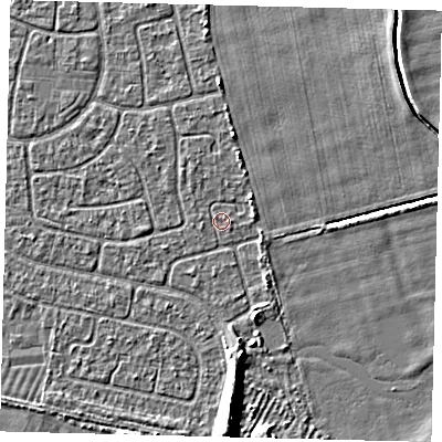 Shaded relief map of the ground around HU95JL, computed from Environment Agency LiDAR. The ground here sits at about 2 m above sea level and falls 6 m across the surrounding 800 m. Surface water reaching this point runs off ground lying to the north-east, 1.2 m higher.