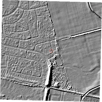 Shaded relief map of the ground around HU95JN, computed from Environment Agency LiDAR. The ground here sits at about 2 m above sea level and falls 6 m across the surrounding 800 m. Surface water reaching this point runs off ground lying to the south-south-east, 1.5 m higher.