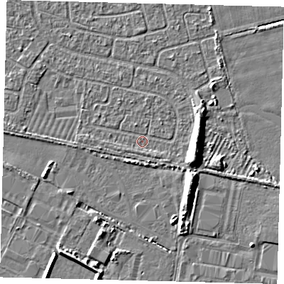 Shaded relief map of the ground around HU95JS, computed from Environment Agency LiDAR. The ground here sits at about 2 m above sea level and falls 6 m across the surrounding 800 m. Surface water reaching this point runs off ground lying to the west, 1.0 m higher.