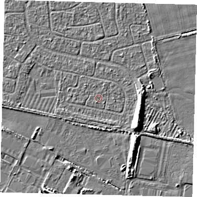 Shaded relief map of the ground around HU95JT, computed from Environment Agency LiDAR. The ground here sits at about 2 m above sea level and falls 6 m across the surrounding 800 m. The ground contributing surface water to this point lies to the south-south-west.