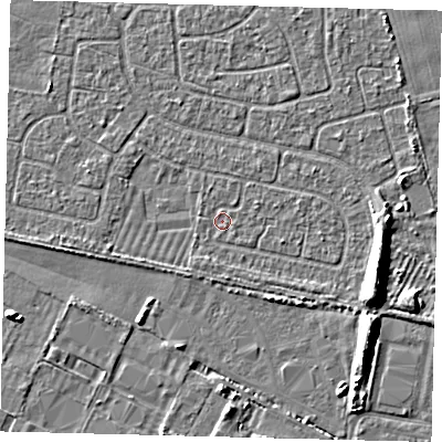 Shaded relief map of the ground around HU95JU, computed from Environment Agency LiDAR. The ground here sits at about 2 m above sea level and falls 6 m across the surrounding 800 m. Surface water reaching this point runs off ground lying to the south, 0.9 m higher.