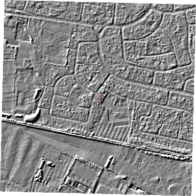 Shaded relief map of the ground around HU95JX, computed from Environment Agency LiDAR. The ground here sits at about 2 m above sea level and falls 4 m across the surrounding 800 m. Surface water reaching this point runs off ground lying to the south, 0.7 m higher.