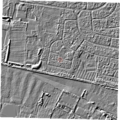Shaded relief map of the ground around HU95JY, computed from Environment Agency LiDAR. The ground here sits at about 2 m above sea level and falls 5 m across the surrounding 800 m. The ground contributing surface water to this point lies to the east-south-east.
