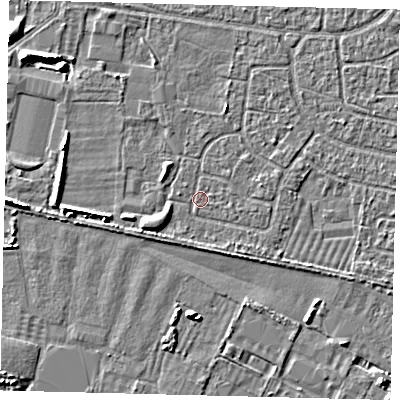 Shaded relief map of the ground around HU95LA, computed from Environment Agency LiDAR. The ground here sits at about 2 m above sea level and falls 5 m across the surrounding 800 m. Surface water reaching this point runs off ground lying to the south-east, 1.0 m higher.