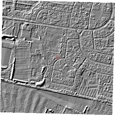 Shaded relief map of the ground around HU95LD, computed from Environment Agency LiDAR. The ground here sits at about 2 m above sea level and falls 5 m across the surrounding 800 m. Surface water reaching this point runs off ground lying to the south-south-west, 1.8 m higher.