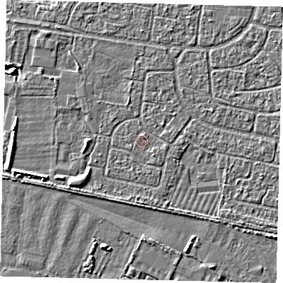 Shaded relief map of the ground around HU95LE, computed from Environment Agency LiDAR. The ground here sits at about 2 m above sea level and falls 5 m across the surrounding 800 m. Surface water reaching this point runs off ground lying to the south-east, 0.7 m higher.