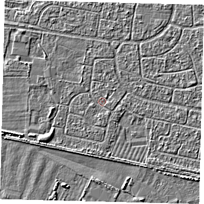 Shaded relief map of the ground around HU95LG, computed from Environment Agency LiDAR. The ground here sits at about 2 m above sea level and falls 5 m across the surrounding 800 m. Surface water reaching this point runs off ground lying to the south, 0.7 m higher.