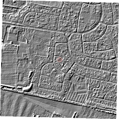 Shaded relief map of the ground around HU95LH, computed from Environment Agency LiDAR. The ground here sits at about 2 m above sea level and falls 5 m across the surrounding 800 m. Surface water reaching this point runs off ground lying to the south-south-east, 0.6 m higher.