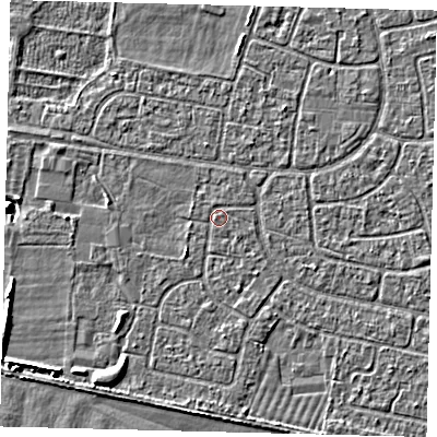 Shaded relief map of the ground around HU95LJ, computed from Environment Agency LiDAR. The ground here sits at about 2 m above sea level and falls 4 m across the surrounding 800 m. Surface water reaching this point runs off ground lying to the south-west, 1.8 m higher.