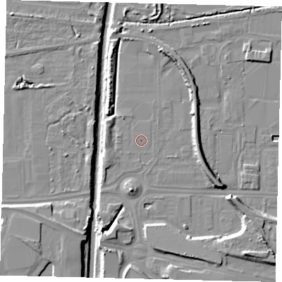 Shaded relief map of the ground around HU95LP, computed from Environment Agency LiDAR. The ground here sits at about 3 m above sea level and falls 12 m across the surrounding 800 m. Surface water reaching this point runs off ground lying to the south-east, 8.6 m higher.