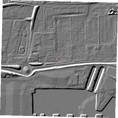 Shaded relief map of the ground around HU95LR, computed from Environment Agency LiDAR. The ground here sits at about 2 m above sea level and falls 12 m across the surrounding 800 m. Surface water reaching this point runs off ground lying to the west-south-west, 2.9 m higher.