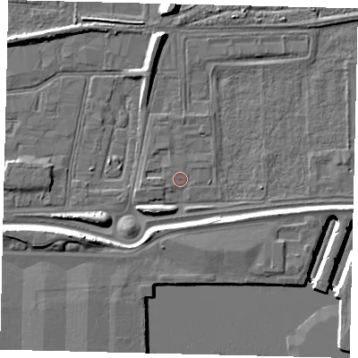 Shaded relief map of the ground around HU95LS, computed from Environment Agency LiDAR. The ground here sits at about 3 m above sea level and falls 12 m across the surrounding 800 m. Surface water reaching this point runs off ground lying to the west-south-west, 0.9 m higher.