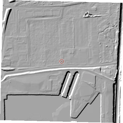 Shaded relief map of the ground around HU95LT, computed from Environment Agency LiDAR. The ground here sits at about 2 m above sea level and falls 12 m across the surrounding 800 m. Surface water reaching this point runs off ground lying to the west-south-west, 0.5 m higher.