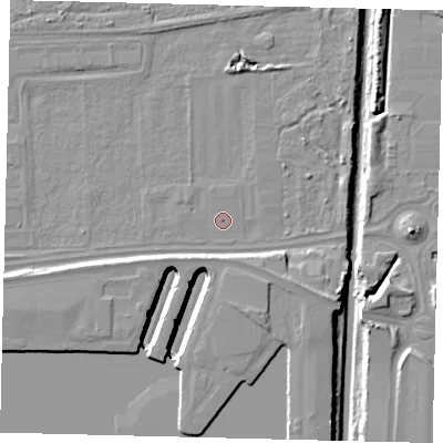 Shaded relief map of the ground around HU95LU, computed from Environment Agency LiDAR. The ground here sits at about 3 m above sea level and falls 11 m across the surrounding 800 m. The ground contributing surface water to this point lies to the south-east.