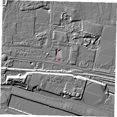 Shaded relief map of the ground around HU95LW, computed from Environment Agency LiDAR. The ground here sits at about 3 m above sea level and falls 8 m across the surrounding 800 m. Surface water reaching this point runs off ground lying to the east, 0.7 m higher.