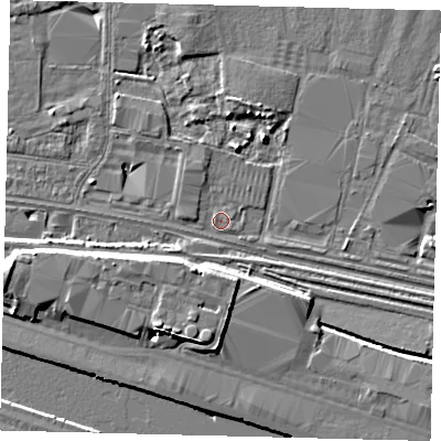 Shaded relief map of the ground around HU95LY, computed from Environment Agency LiDAR. The ground here sits at about 3 m above sea level and falls 8 m across the surrounding 800 m. Surface water reaching this point runs off ground lying to the west, 0.9 m higher.