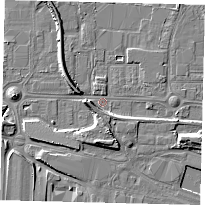 Shaded relief map of the ground around HU95LZ, computed from Environment Agency LiDAR. The ground here sits at about 3 m above sea level and falls 10 m across the surrounding 800 m. Surface water reaching this point runs off ground lying to the west-south-west, 6.0 m higher.