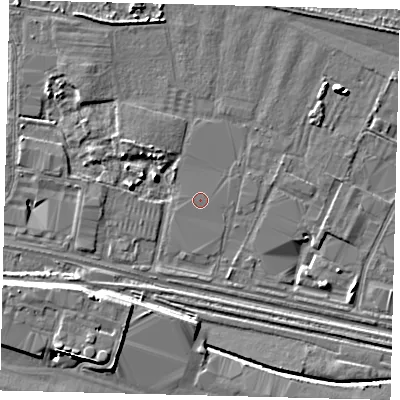 Shaded relief map of the ground around HU95NA, computed from Environment Agency LiDAR. The ground here sits at about 2 m above sea level and falls 7 m across the surrounding 800 m. The ground contributing surface water to this point lies to the west.