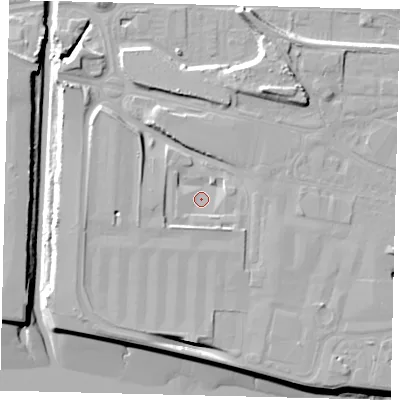 Shaded relief map of the ground around HU95NF, computed from Environment Agency LiDAR. The ground here sits at about 4 m above sea level and falls 13 m across the surrounding 800 m. Surface water reaching this point runs off ground lying to the south-east, 2.8 m higher.