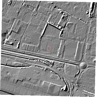 Shaded relief map of the ground around HU95NL, computed from Environment Agency LiDAR. The ground here sits at about 2 m above sea level and falls 12 m across the surrounding 800 m. Surface water reaching this point runs off ground lying to the north-east, 2.7 m higher.