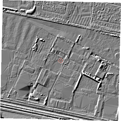 Shaded relief map of the ground around HU95NP, computed from Environment Agency LiDAR. The ground here sits at about 2 m above sea level and falls 5 m across the surrounding 800 m. Surface water reaching this point runs off ground lying to the south-east, 4.1 m higher.
