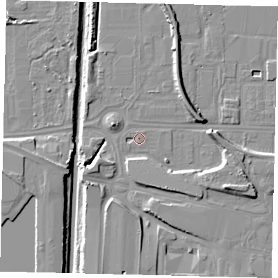 Shaded relief map of the ground around HU95NS, computed from Environment Agency LiDAR. The ground here sits at about 3 m above sea level and falls 12 m across the surrounding 800 m. Surface water reaching this point runs off ground lying to the west-south-west, 1.2 m higher.
