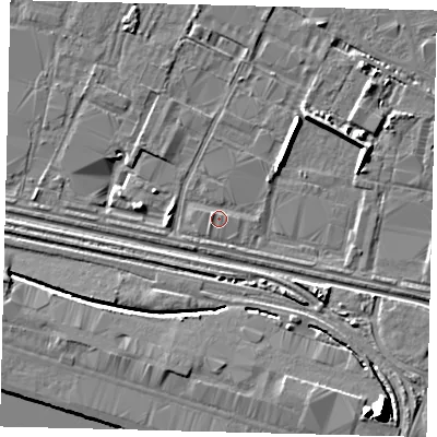 Shaded relief map of the ground around HU95NU, computed from Environment Agency LiDAR. The ground here sits at about 3 m above sea level and falls 12 m across the surrounding 800 m. Surface water reaching this point runs off ground lying to the west-north-west, 0.9 m higher.
