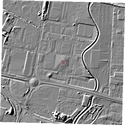 Shaded relief map of the ground around HU95NX, computed from Environment Agency LiDAR. The ground here sits at about 3 m above sea level and falls 12 m across the surrounding 800 m. The ground contributing surface water to this point lies to the north-north-west.