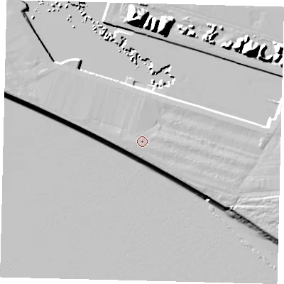 Shaded relief map of the ground around HU95PB, computed from Environment Agency LiDAR. The ground here sits at about 6 m above sea level and falls 23 m across the surrounding 800 m. The ground contributing surface water to this point lies to the west.
