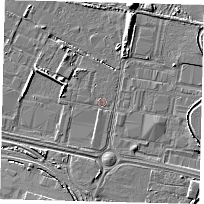 Shaded relief map of the ground around HU95PE, computed from Environment Agency LiDAR. The ground here sits at about 2 m above sea level and falls 7 m across the surrounding 800 m. Surface water reaching this point runs off ground lying to the west-north-west, 3.2 m higher.