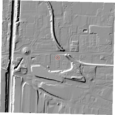 Shaded relief map of the ground around HU95PJ, computed from Environment Agency LiDAR. The ground here sits at about 2 m above sea level and falls 12 m across the surrounding 800 m. Surface water reaching this point runs off ground lying to the south-east, 8.6 m higher.
