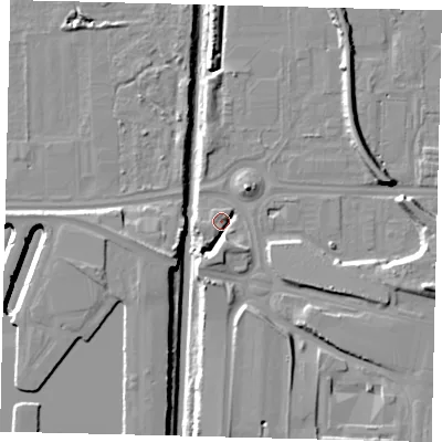 Shaded relief map of the ground around HU95PL, computed from Environment Agency LiDAR. The ground here sits at about 3 m above sea level and falls 14 m across the surrounding 800 m. Surface water reaching this point runs off ground lying to the south-south-west, 5.8 m higher.