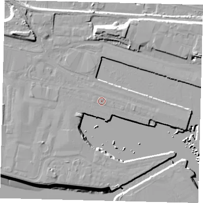 Shaded relief map of the ground around HU95PR, computed from Environment Agency LiDAR. The ground here sits at about 6 m above sea level and falls 13 m across the surrounding 800 m. The ground contributing surface water to this point lies to the east-north-east.