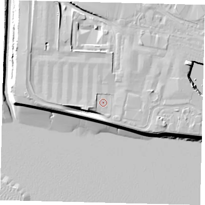 Shaded relief map of the ground around HU95PS, computed from Environment Agency LiDAR. The ground here sits at about 5 m above sea level and falls 10 m across the surrounding 800 m. Surface water reaching this point runs off ground lying to the west-south-west, 2.2 m higher.